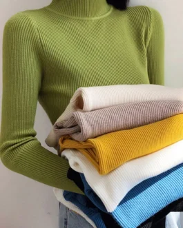 Automne hiver col montant femmes pull Vintage basique solide tricoté hauts décontracté mince pull coréen chandails Simple Chic pulls