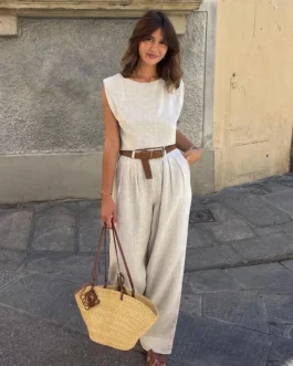 Bornladies-Ensemble 2 pièces en coton et lin pour femme, tenue chic et décontractée pour le bureau